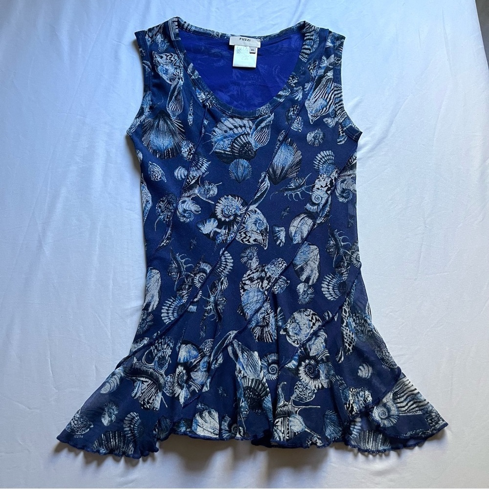 FUZZI blue sea‎ shell print mesh knit sleeveless tank top